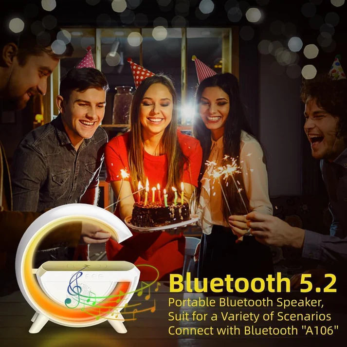 G-Shape Multifunctional Google Speaker with LED, Wireless Charging, 15W Fast Charging, Bluetooth, FM Radio, RGB Music Sync, and Atmosphere Lamp.