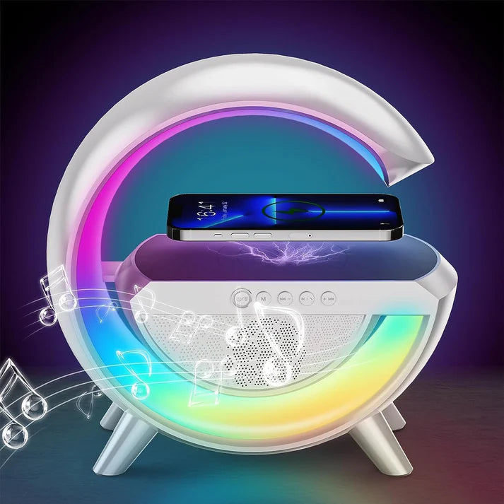 G-Shape Multifunctional Google Speaker with LED, Wireless Charging, 15W Fast Charging, Bluetooth, FM Radio, RGB Music Sync, and Atmosphere Lamp.