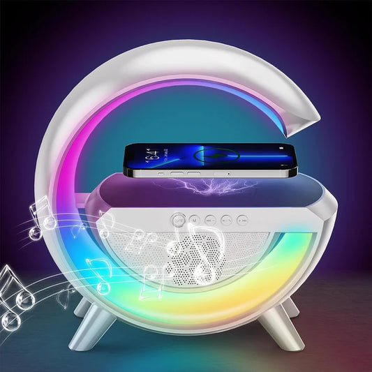 G-Shape Multifunctional Google Speaker with LED, Wireless Charging, 15W Fast Charging, Bluetooth, FM Radio, RGB Music Sync, and Atmosphere Lamp.