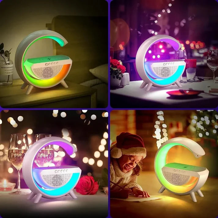 G-Shape Multifunctional Google Speaker with LED, Wireless Charging, 15W Fast Charging, Bluetooth, FM Radio, RGB Music Sync, and Atmosphere Lamp.