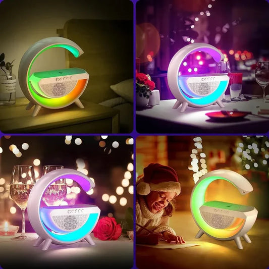 G-Shape Multifunctional Google Speaker with LED, Wireless Charging, 15W Fast Charging, Bluetooth, FM Radio, RGB Music Sync, and Atmosphere Lamp.