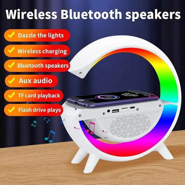 G-Shape Multifunctional Google Speaker with LED, Wireless Charging, 15W Fast Charging, Bluetooth, FM Radio, RGB Music Sync, and Atmosphere Lamp.